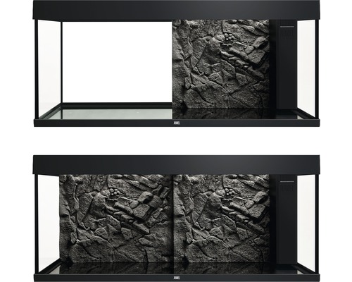 Dvě akvária s pozadím skalní stěny