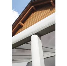 Detail terasového zastřešení s dřevěným domem v pozadí