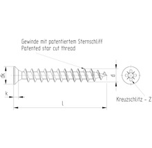 Technický nákres šroubu s patentovaným hvězdicovým výbrusem a křížovou drážkou Z