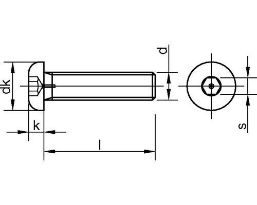 Technický nákres šroubu s válcovou hlavou a vnitřním šestihranem