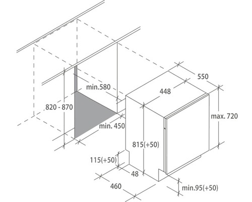 Rozměrový nákres myčky nádobí s uvedenými rozměry