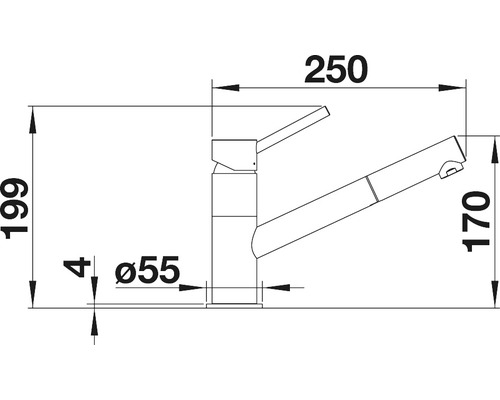 Technický nákres kuchyňské baterie s rozměry