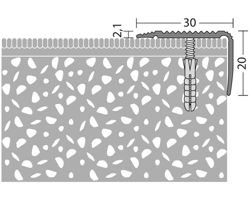 Ilustrace profilu hrany schodu se šroubem a hmoždinkou a rozměry
