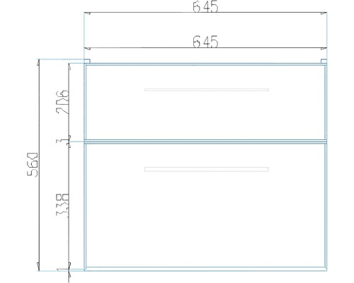 Technický nákres skříňky pod umyvadlo se zásuvkami a rozměry
