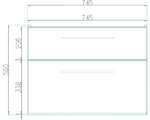 Technický nákres skříňky pod umyvadlo se dvěma zásuvkami a rozměry.