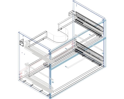 Podrobný schematický nákres skříňky pod umyvadlo se zásuvkami