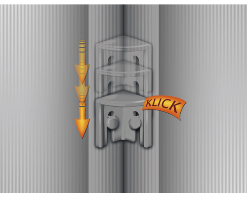 Ilustrace rohového spoje s mechanismem zacvaknutí a směrovými šipkami