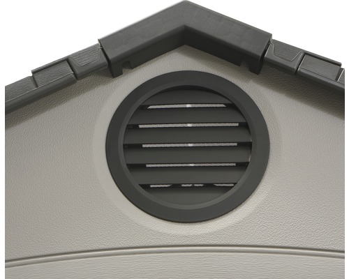 Detail zahradního domku s kulatou větrací mřížkou