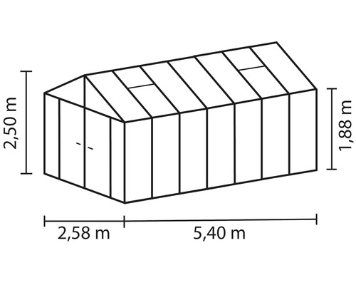 Obrázek skleníku o rozměrech 2,50 m na výšku, 2,58 m na šířku a 5,40 m na délku.