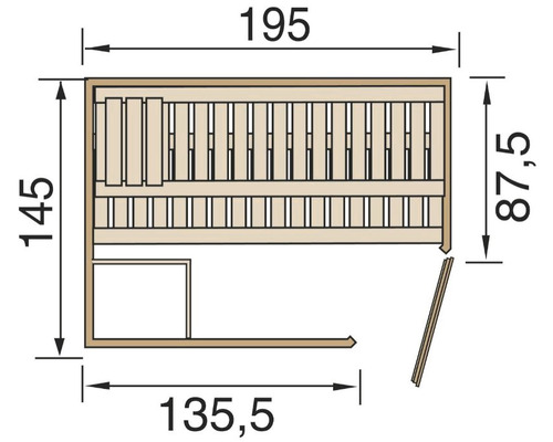 Technický výkres sauny o rozměrech 195 x 135,5 x 145 x 87,5 cm.