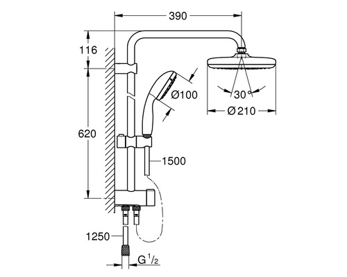 Technický nákres sprchového systému s rozměry