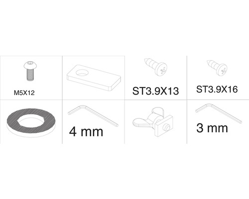 Zobrazení různých upevňovacích prvků, včetně šroubů, podložky a imbusových klíčů.