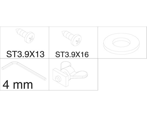 Obrázek různých montážních dílů, včetně šroubů, podložky, úhlového kolíkového klíče a kování