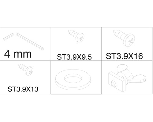 Čtyřmilimetrový imbusový klíč, šroub ST3.9X9.5, šroub ST3.9X16, šroub ST3.9X13, podložka a upevňovací prvek