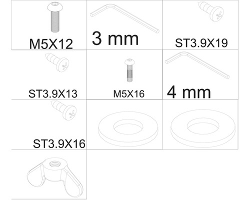 Obrázek různých šroubů, podložek a velikostí klíčů.
