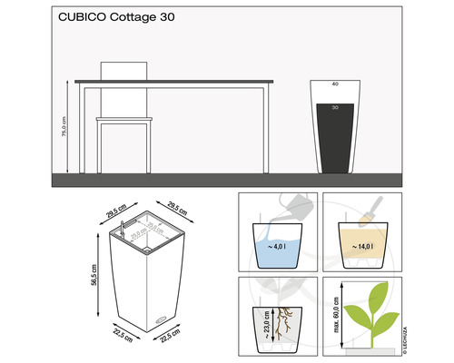 Květináč CUBICO Cottage 30, rozměry a objemy plnění