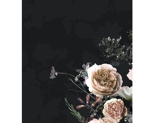 Květinová tapeta s růžemi a listy na tmavém pozadí