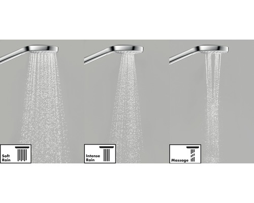 Sprchová hlavice se třemi režimy proudu: jemný déšť, intenzivní déšť a masáž
