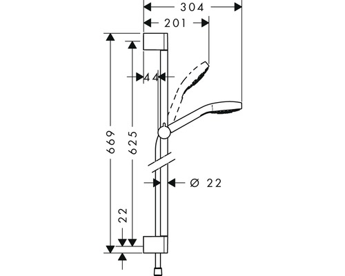 Technický výkres sprchové tyče s rozměry