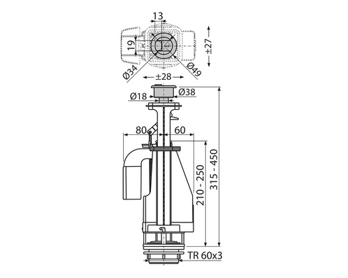 Technický výkres splachovací nádržky s rozměry