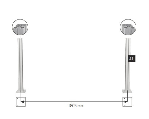 Ilustrace dvou kovových sloupků s rozestupem 1805 milimetrů.