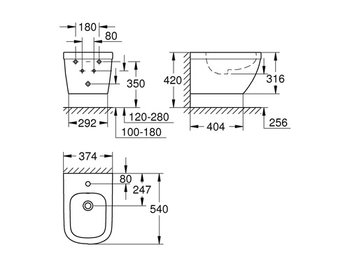 Technický nákres závěsného WC s bidetem a souvisejícími rozměry