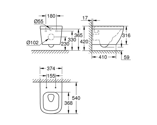 Technický výkres závěsného WC s rozměry