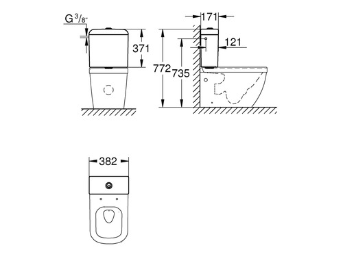 Technický nákres stojící toalety s rozměry
