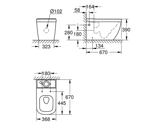 Technický nákres závěsného WC s rozměry