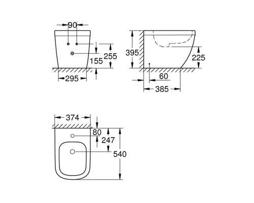 Technický nákres závěsného WC s rozměry