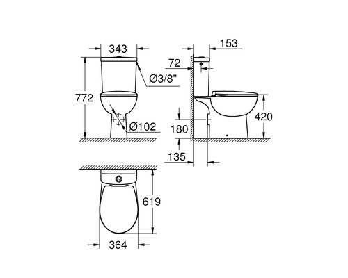 Technický nákres stojícího WC s rozměry