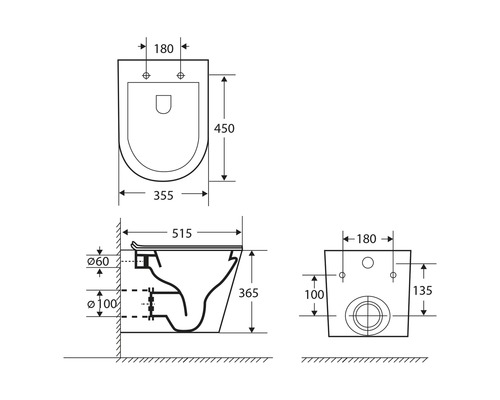Technický nákres závěsného WC s rozměry