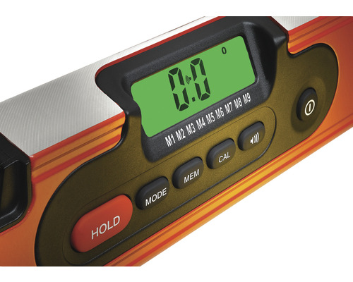 Digitální vodováha, detail displeje a ovládacích prvků