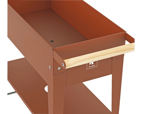 Kovový vyvýšený záhon s dřevěnou rukojetí a úložnou policí