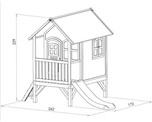 Technický výkres hracího domku se skluzavkou a rozměry 229 cm výška, 262 cm šířka a 172 cm hloubka.