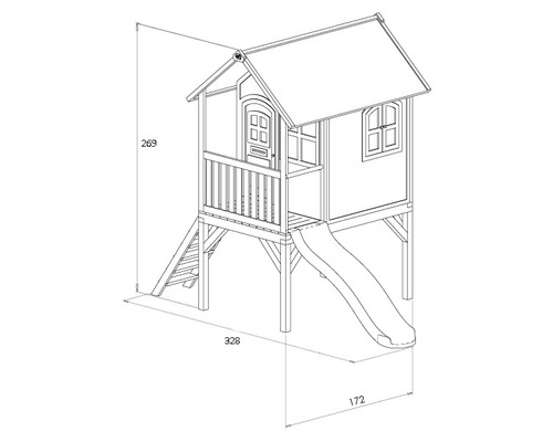 Technický nákres hracího domku se skluzavkou a rozměry 269, 328 a 172.