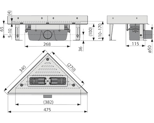 Technický výkres konstrukce rohového sprchového žlabu s rozměry.