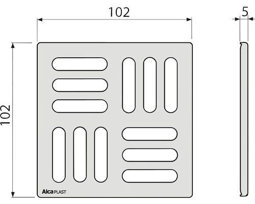 Technický výkres odtokové armatury o rozměrech 102 x 102 x 5 mm.