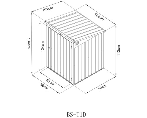 Technický výkres kůlny na nářadí s rozměry.