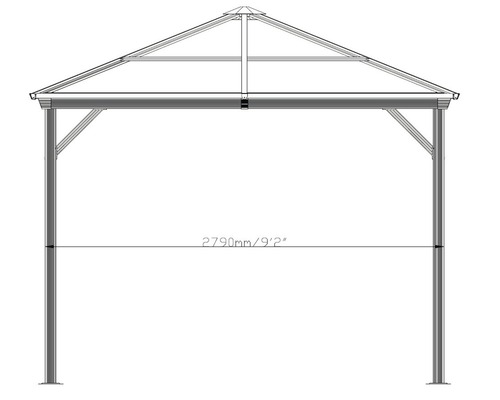 Technický nákres altánu o šířce 2790 milimetrů.