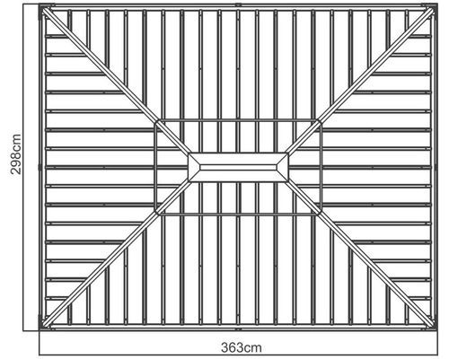 Pohled shora na obdélníkové zastřešení terasy o rozměrech 363 cm krát 298 cm