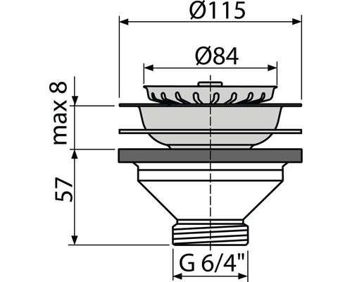 Technický výkres sítkového ventilu s údaji o průměrech a výškách