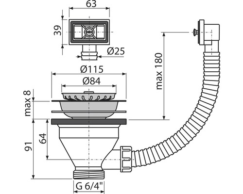 Technický výkres odtoku dřezu s rozměry