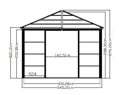 Technický nákres zahradního domku s rozměry.