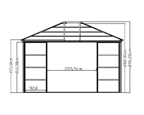 Technický nákres altánu s rozměry.