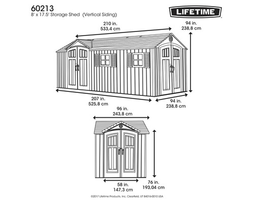 Obrázek zahradního domku s vertikálním obkladem a rozměry