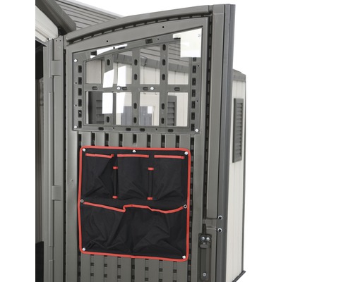 Dveře zahradní skříně s oknem a kapsou na nářadí