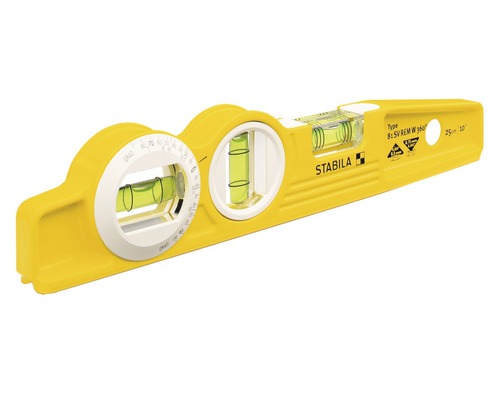 Žlutá vodováha s libelami pro vodorovné a svislé vyrovnání