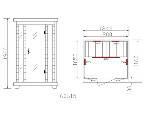 Technický nákres infrasauny s rozměry