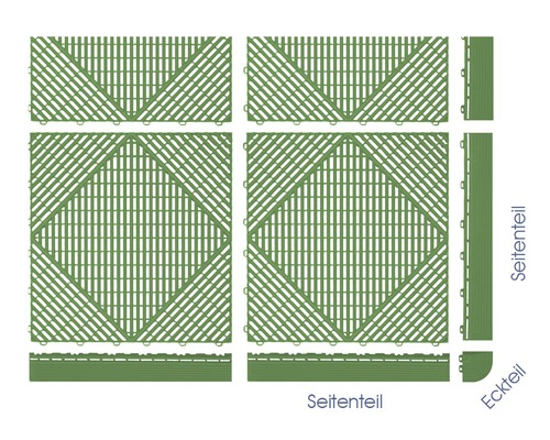 Zobrazení terasových dlaždic s bočními a rohovými díly pro pokládku.